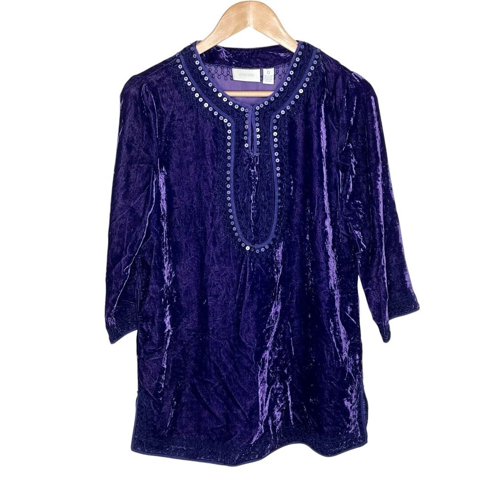 Chicos Velvet Tunic Top Purple Womens Small 0 Sequined Embroidered
